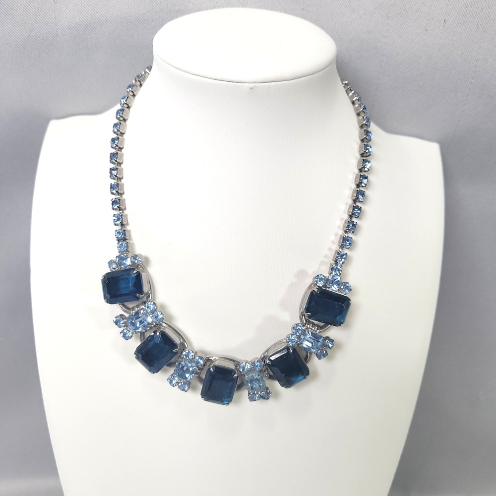 Juliana D&E Necklace Blue Sapphire Emerald Cut Rhinestone Vintage Verified #1683